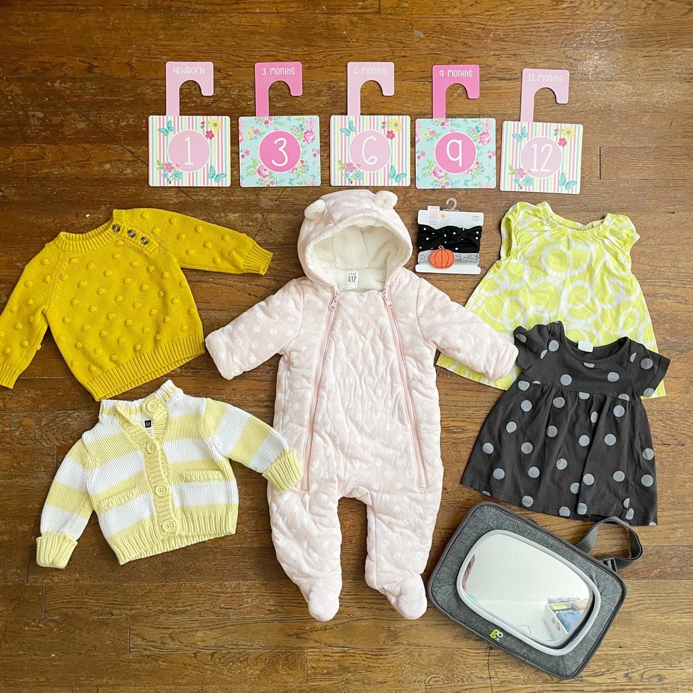 Bundle of Super Cute Baby Girl Clothes w Closet Organizers & Light Up Car Mirror